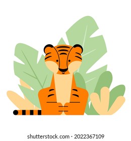 A tiger in nature. Vector flat illustration on an isolated white background. Drawing of a cartoon tiger cub for children's printing, clothing, postcards and stickers.