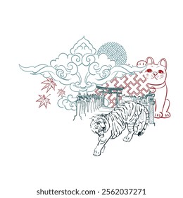 tiger neko cat temple gate clouds ornate collage  japanese chinese vector design background elements