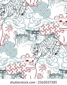 tiger neko cat temple gate clouds ornate collage japanese chinese vector design seamless pattern