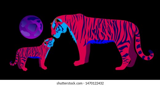 Tiger neon color. Fashionable illustration of a wild cat