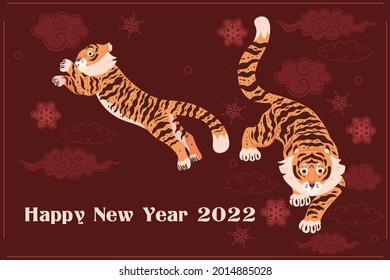 Tiger neues Jahr 2022 Poster. Vektorgrafiken.