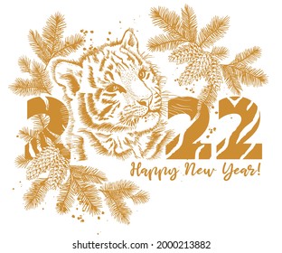 Tiger New Year card 2022, freehand drawing in one gold color, tiger head, Christmas tree branches and snowflakes. Illustration for printing on T-shirts, textiles and souvenirs.