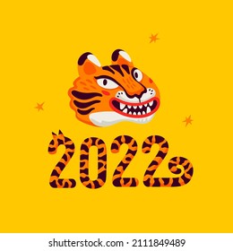 Tiger new year card, happy 2022 new year card with tiger s face the symbol of Chinese new year. Organic flat style vector illustration.