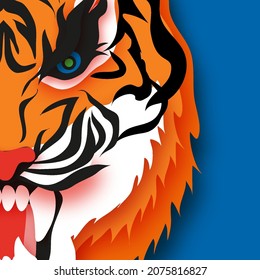 Tiger New Year. Roar Animal paper cut style. Chinese zodiac, Chinese calendar. Winter holidays. Happy New Greeting Card 2022. Wild Animal. Big cat. Christmas season.