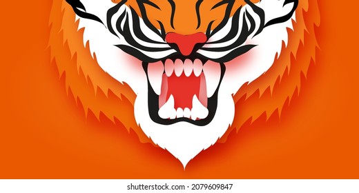 Tiger New Year. Roar Animal paper cut style. Chinese zodiac, Chinese calendar. Winter holidays. Happy New Greeting Card 2022. Wild Animal. Big cat. Christmas season.