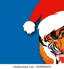 Tiger New Year. Santa Claus hat. Roar Animal paper cut style. Chinese zodiac, Chinese calendar. Winter holidays. Happy New Greeting Card 2022. Wild Animal. Big cat. Christmas season.