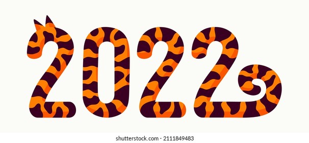 Tiger new year text, happy 2022 new year card with striped numbers the symbol of Chinese new year. Organic flat style vector illustration.