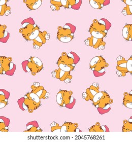Tiger with a New Year's hat. Christmas seamless pattern. Vector, illustration
