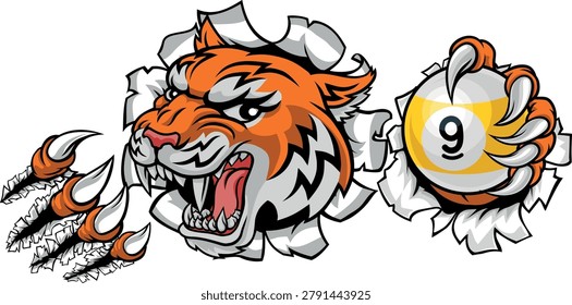 Tiger nine ball pool billiards sports mascot holding a 9 ball cartoon illustration