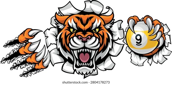 Tiger nine ball pool billiards sports mascot holding a 9 ball cartoon illustration