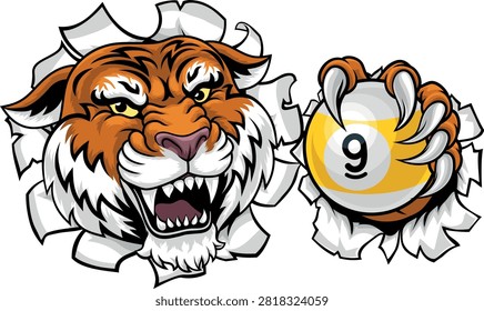 Tiger nine ball pool billiards sports mascot holding a 9 ball cartoon illustration