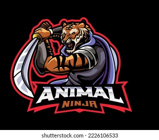 Tiger ninja mascot logo design. Tiger shinobi animal vector illustration. Logo illustration for mascot or symbol and identity, emblem sports or e-sports gaming team