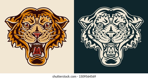 Tiger old school hand drawn retro style. Design element for poster, card, banner. Vector illustration.