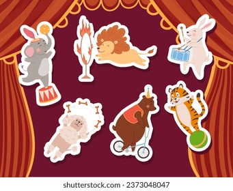 Tiger on a ball, bear on a bicycle, elephant holding a ball, lion jumping through a ring of fire. Vector cartoon circus animals acrobat performing tricks stickers