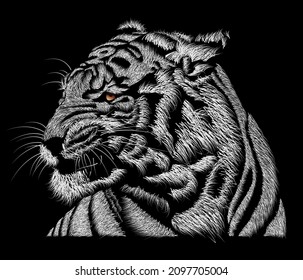 Tiger auf schwarzem Hintergrund, Tigerkopf, weißer Tiger, Symbol des Jahres 2022, Symbol des Jahres für Kalender, Postkarte, Einladung, Poster, Banner. Schöner weißer Tiger, Chinesisches Horoskop