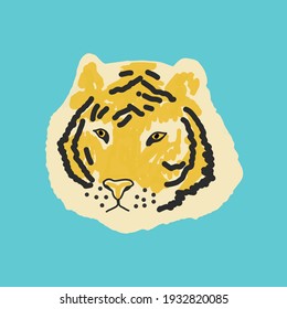 tiger on a blue background sticker, poster. sketch hand drawn. trending colors 2021. vector. animal wild. 2022 symbol of the year