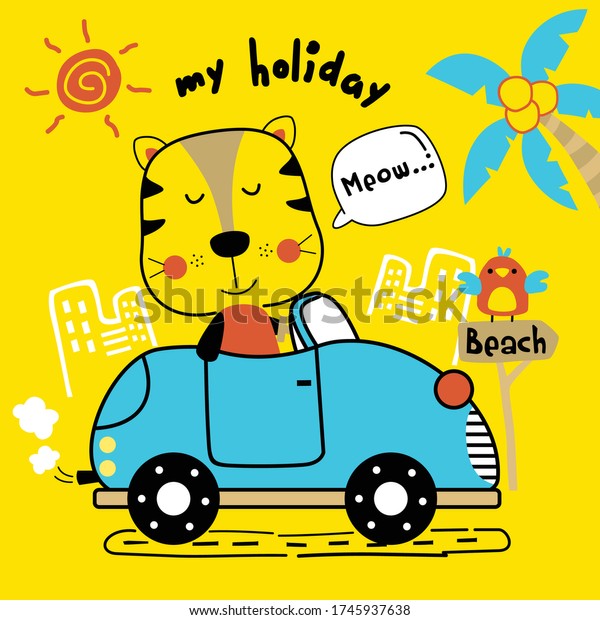 tiger\
on the car funny animal cartoon,vector\
illustration