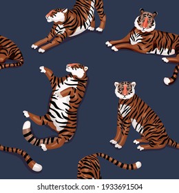 Tigre sobre fondo azul oscuro. Patrón vectorial sin cable. Diseño cuadrado para tela, papel pintado, papel envolvente, tarjeta de invitación, papel de libro de recortes.
