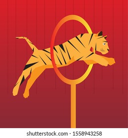 Tiger on a fire ring. Circus concept - Vector illustration