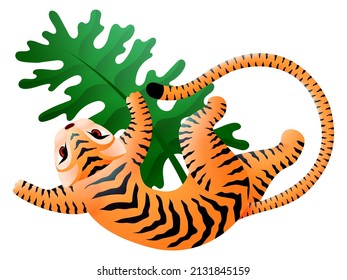 Tiger on green leaf. Oriental decorative animal symbol