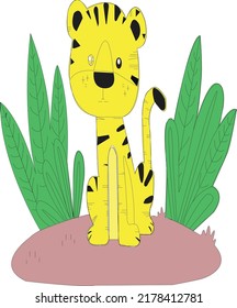 A  tiger is on a hill . It wait for his friends . Some green tree beside on him .