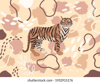 Tiger auf Aktmuster Fleischfarbe. erwachsener roter Tiger steht in vollem Wachstum ein Muster auf einem Hintergrund einer sanften hellen Farbe. Vektorgrafik, Cartoon-Flachbild-Illustration für gedrucktes Stoffdesign