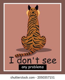 Tiger on a pink background sits with his back. Flat style. Design for posters. Concept. Collection. Cartoon. Funny picture. Frame. Stock Vector illustration. African animal. Zoo. Predatory. Corral.	