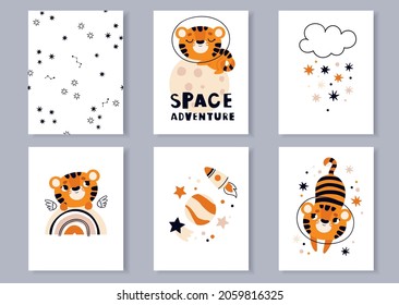 Tiger on a space rocket. A set of posters for the children's room. Lettering on the theme of cosmos .