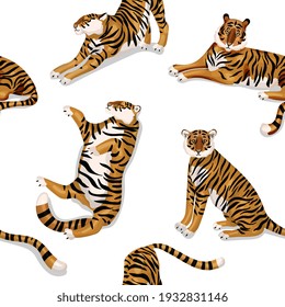 Tiger on white background. Seamless vector pattern. Square design for fabric, wallpaper, wrapping paper, invitation card, scrapbook paper.