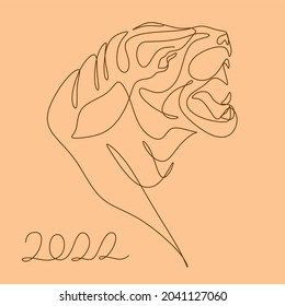 Tiger one line drawing isolated on white background. Happy new year 2022 year of the tiger
