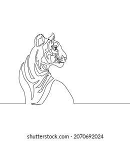 Tiger in one line drawing style. Abstract tiger sitting. Wild animal contour outline background in black and white. Symbol of Chinese 2022 New Year. Vector illustration for holiday print, graphic card