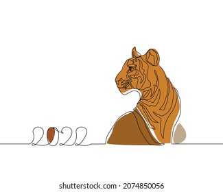 Tiger in one line drawing style. Abstract tiger sitting. Wild animal contour outline background in black and white. Symbol of Chinese 2022 New Year. Vector illustration for holiday print, graphic card