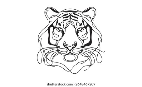 Tiger in one line drawing style. Abstract tiger wild animal contour outline background in black and white Vector illustration