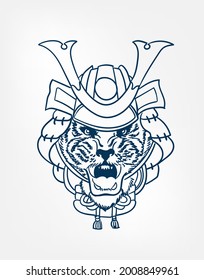 tiger oni samurai mask vector line art sketch japanese design isolated