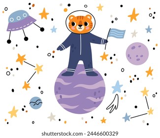 Tiger in open space. Cute animal astronaut in space suits. Character exploring universe galaxy with planets, stars, spaceship for children print.