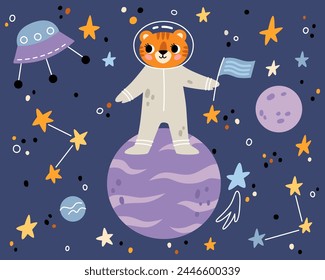 Tiger in open space. Cute animal astronaut in space suits. Character exploring universe galaxy with planets, stars, spaceship for children print.