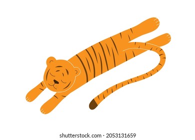 The tiger is orange, in a strip, it lies stretched out with its paws forward and backward with closed eyes.Colored doodle style illustration isolated on white background.