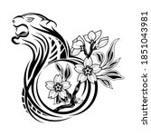 Tiger and Oriental cherry blossom. Rage and love concept. Predator and Sakura. Black tribal tattoo. Sketch on skin. Vector illustration.