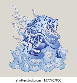 Tiger oriental Japanese or Chinese illustration doodle in tattoo style with blue Porcelain tone light gray   background  vector