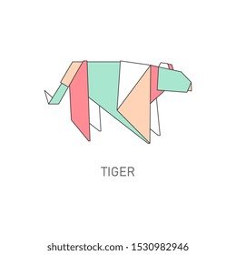 Tiger origami figure in geometric flat outline style, vector illustration isolated on white background. Wild feline animal polygonal design, tiger origami paper art icon