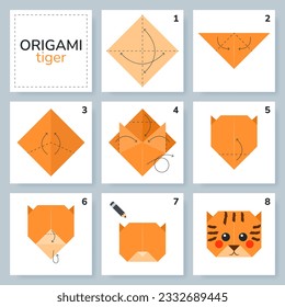 Tiger origami scheme tutorial moving model. Origami for kids. Step by step how to make a cute origami tiger. Vector illustration.