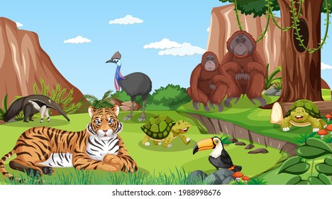 A tiger with otther wild animals in forest scene illustration