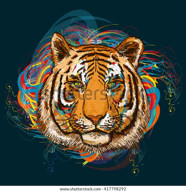 宇宙アートの虎 手描きの動物イラスト のベクター画像素材 ロイヤリティフリー