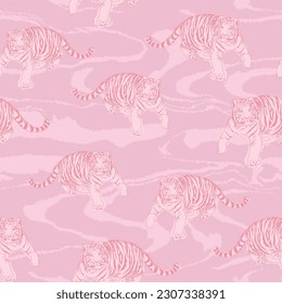 Tiger Outline illustration Art Pink color On Vivid Background Wallpaper, Safari Animal Art , Tiger Seamless Pattern 