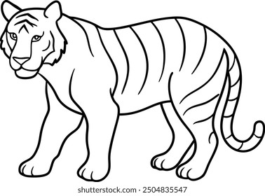 The Tiger outline illustration and silhouette, prowling forward with an intense gaze, depicted with simple lines on a white background.