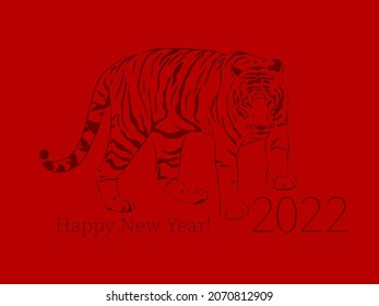 tiger outline on red background. 2022 happy new year text. vector illustration. design template for greeting card, banner, ad, invitation, flyer. layered color image