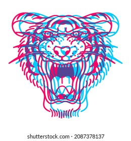 Tiger With Overprint Effects On White Background Design Element For Logo, Poster, Card, Banner, Emblem, T Shirt. Vector Illustration.