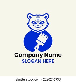 Tiger Paint Logo Negative Space Concept Vector Template. Panther Holding Paint Brush Symbol