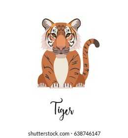 Tiger painted in a child's flat style. Little cute little tiger cub on a white background. Year of the tiger. Chinese horoscope. Animal. Vector.
