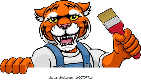 A tiger painter decorator cartoon animal mascot holding a paintbrush peeking around a sign 